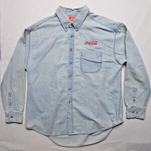 Vintage Coca-Cola Denim Shirt Mens XL Light Wash Embroidered Button Down 90s